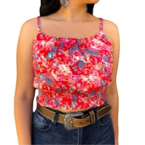 FANCO, RED FLORAL PRINT CROP TOP. ADJUSTABLE STRAPS. 100% POLYESTER, SIZE L